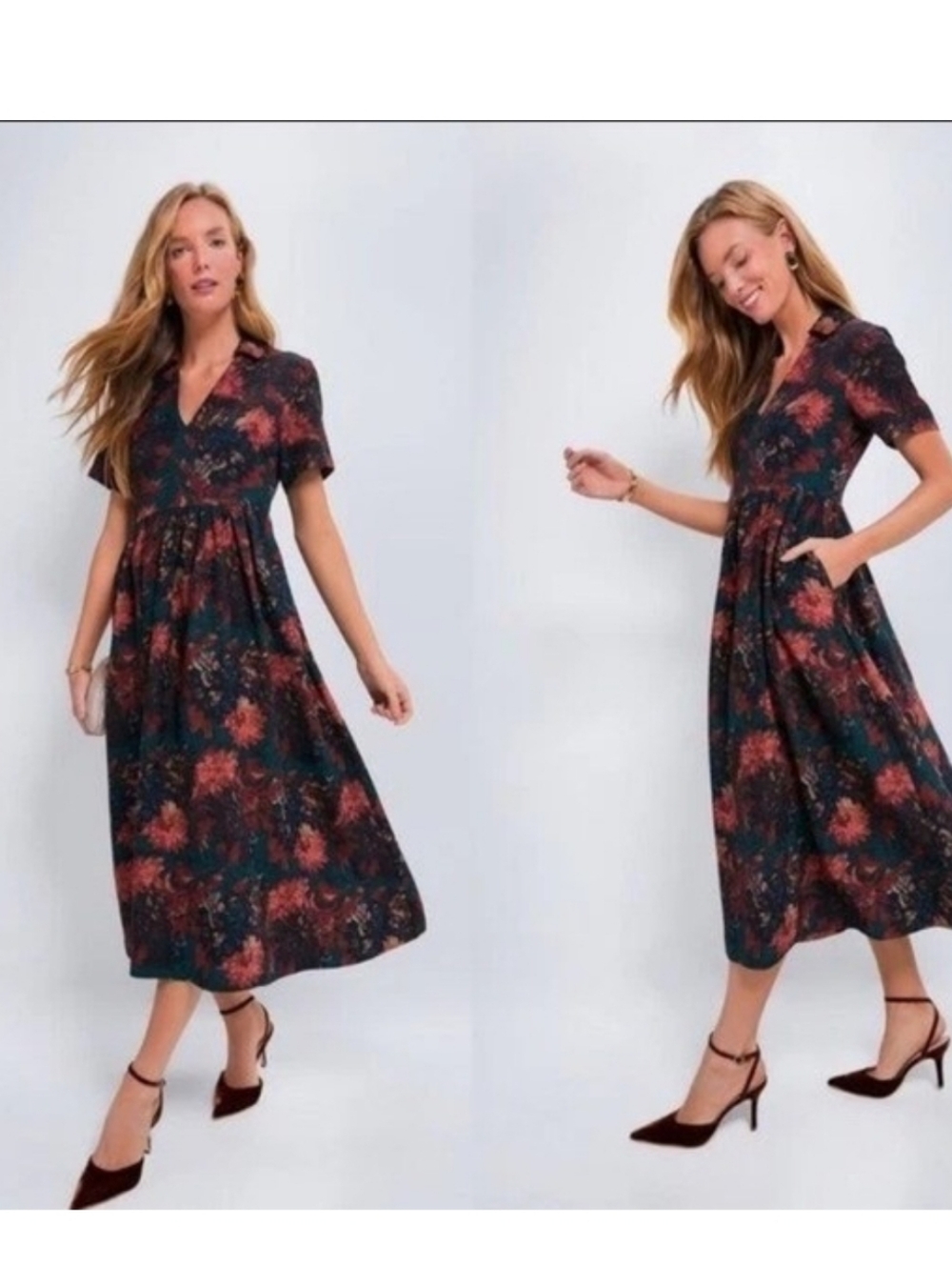 Tuckernuck Black Floral Midi Dress with Rust and Teal Accents